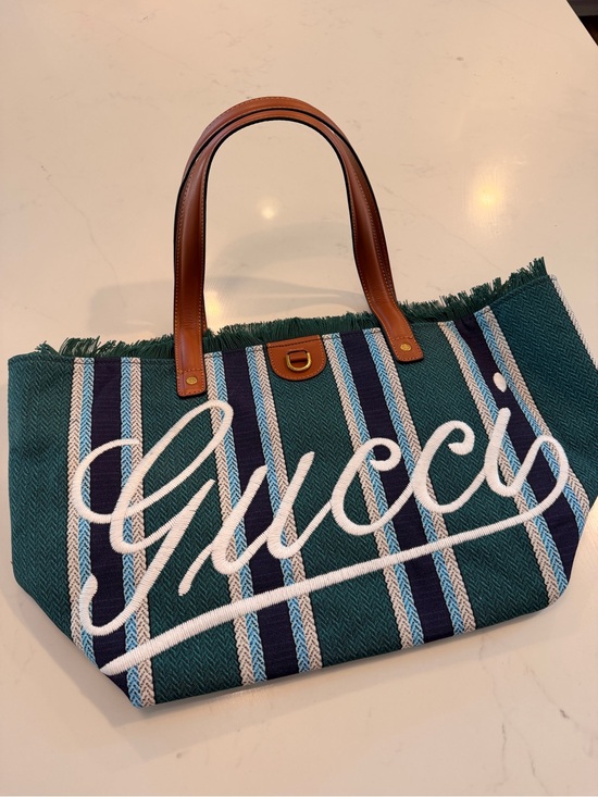Gucci Handbags - Gucci Teal & Navy Striped Canvas Tote with Leather Handles